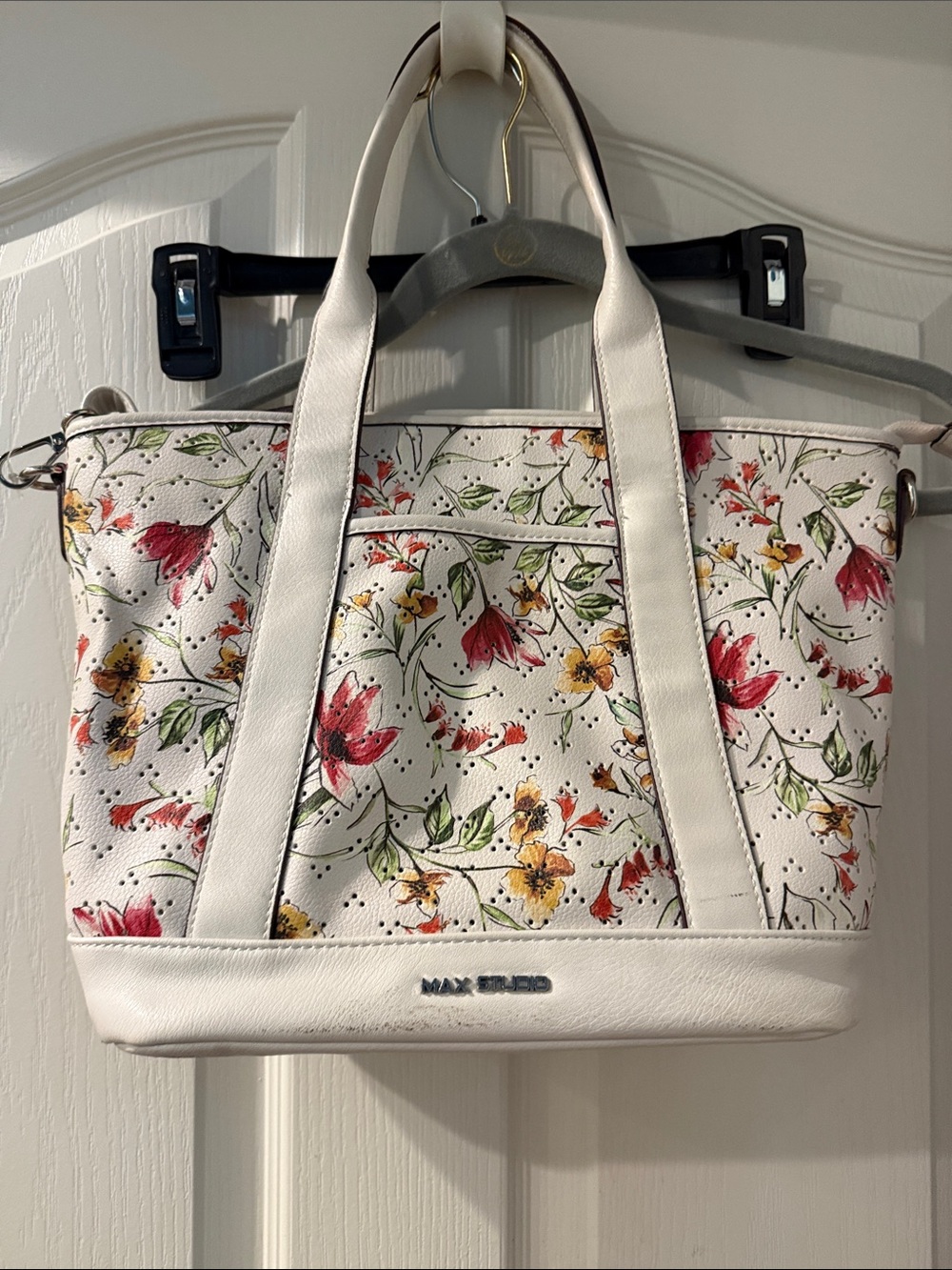 Max Studio White Floral Tote with Red and Yellow Blooms